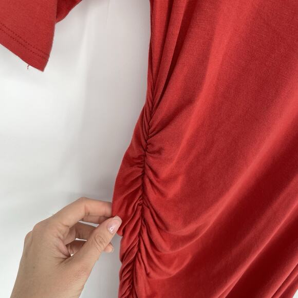 Lulu’s Asymmetrical Bodycon Dress Medium Short Sleeve Fitted Ruched Rust Brick - Picture 8 of 8